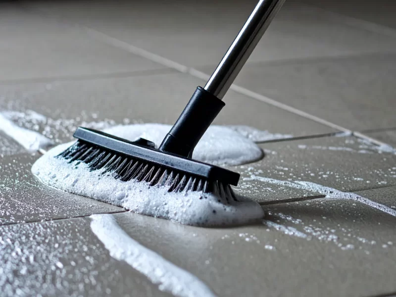床のタイルを泡立てて掃除する